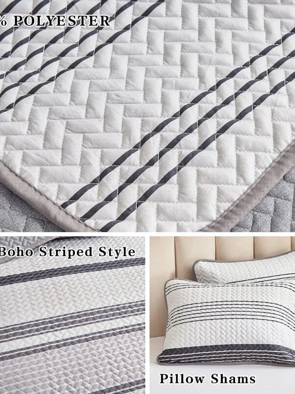 Grey Boho Striped Full Queen 3-Piece Quilt Bedding Set